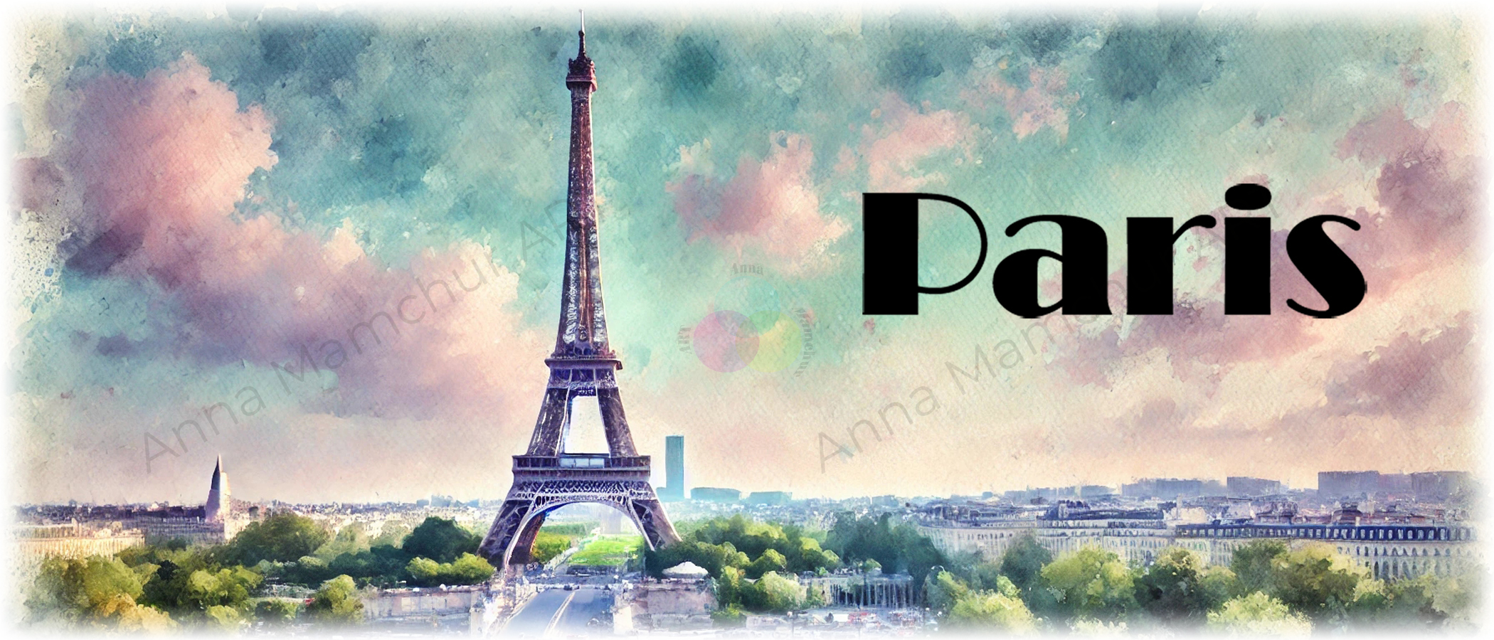 Banner of the Eiffel Tower mug, watercolor style, original ceramics by Anna Mamchur - 001PAA01M