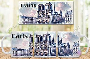 Notre-Dame mug in watercolor style. The graceful beauty of the cathedral in daylight, created by Anna Mamchur.