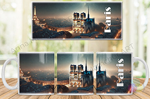 Notre-Dame mug in night style, the cathedral under a starry sky in deep tones