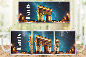 Arc de Triomphe mug in night style. A mysterious Paris under nighttime lights.