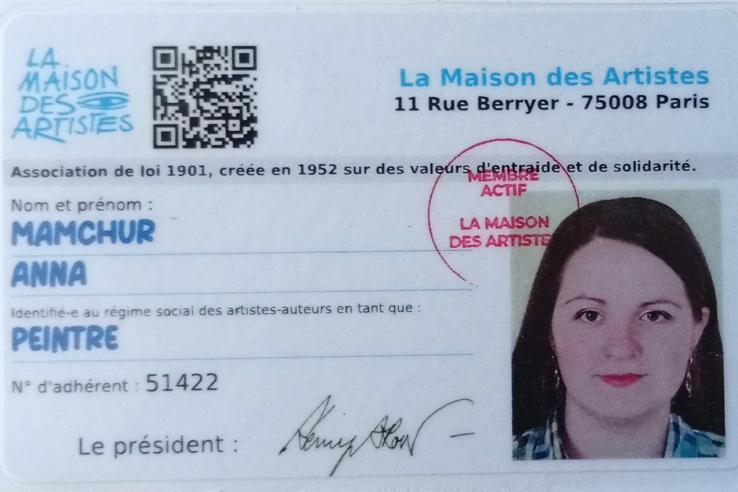 Badge de La Maison des Artistes — confirmation de l’adhésion