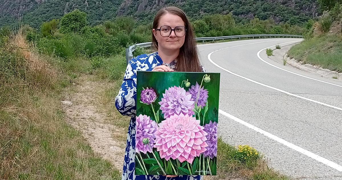 Dahlias violets — peinture acrylique d’Anna Mamchur