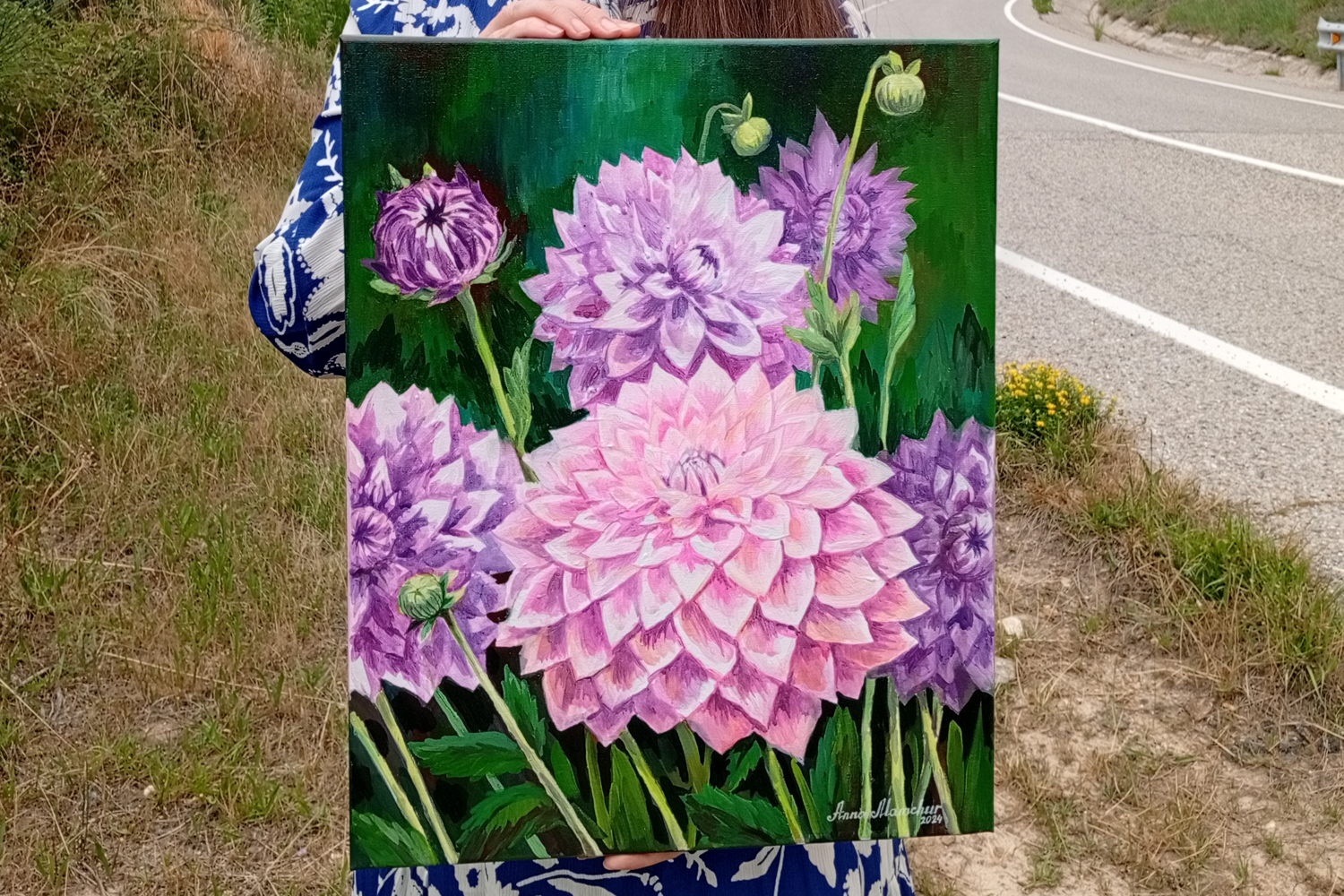 Dahlias violets — peinture acrylique d’Anna Mamchur — vue 2