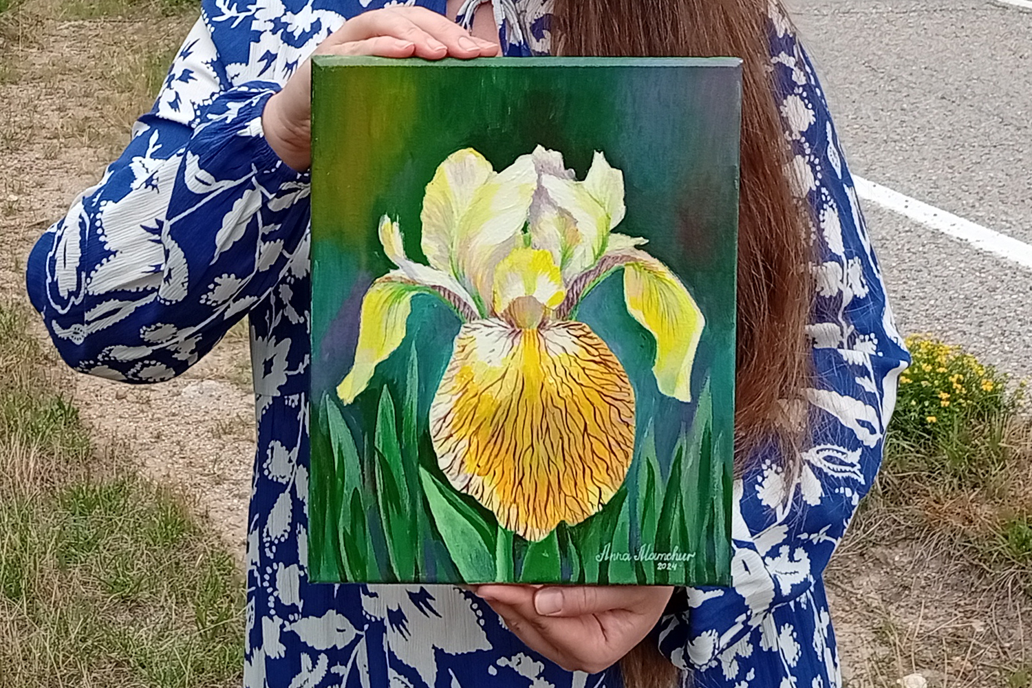 Iris jaune — Peinture acrylique d’Anna Mamchur — angle 2