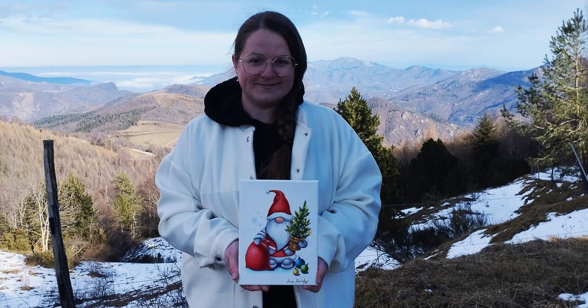 Lutin de Noël avec sapin — tableau d’Anna Mamchur