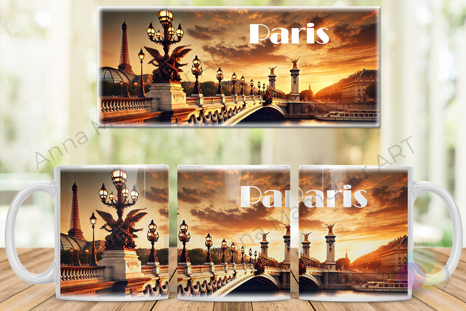 Mockup della tazza con vista sul Pont Alexandre III nell’ora dorata - 000PAG01M. Design originale di Anna Mamchur