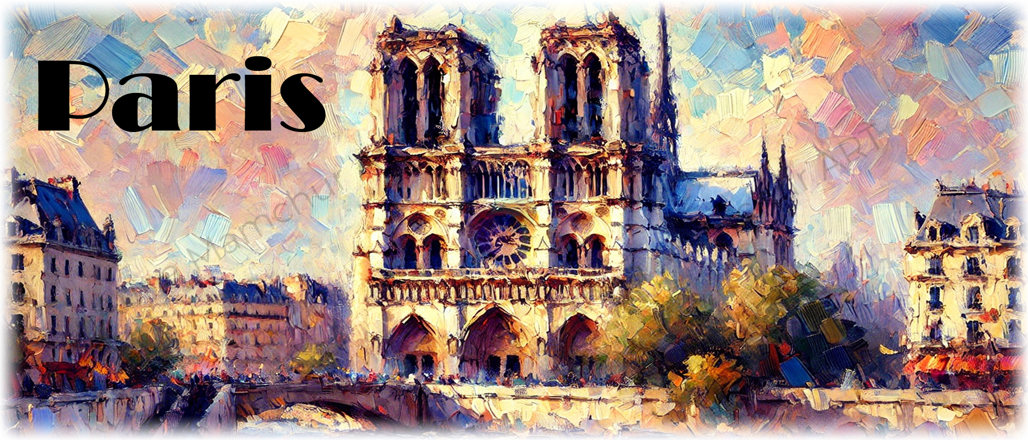 Banner der Tasse mit Notre-Dame de Paris im impressionistischen Stil — 003PAI01M. Originaldesign von Anna Mamchur