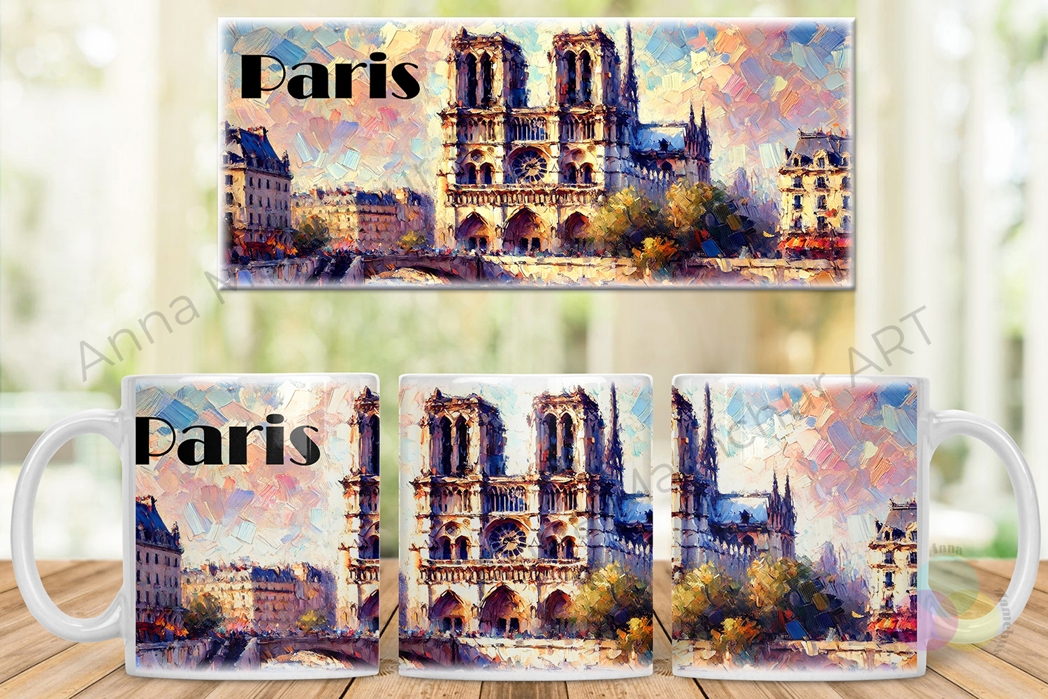 Entwurf der Tasse mit Notre-Dame im impressionistischen Stil — 003PAI01M. Originaldesign von Anna Mamchur