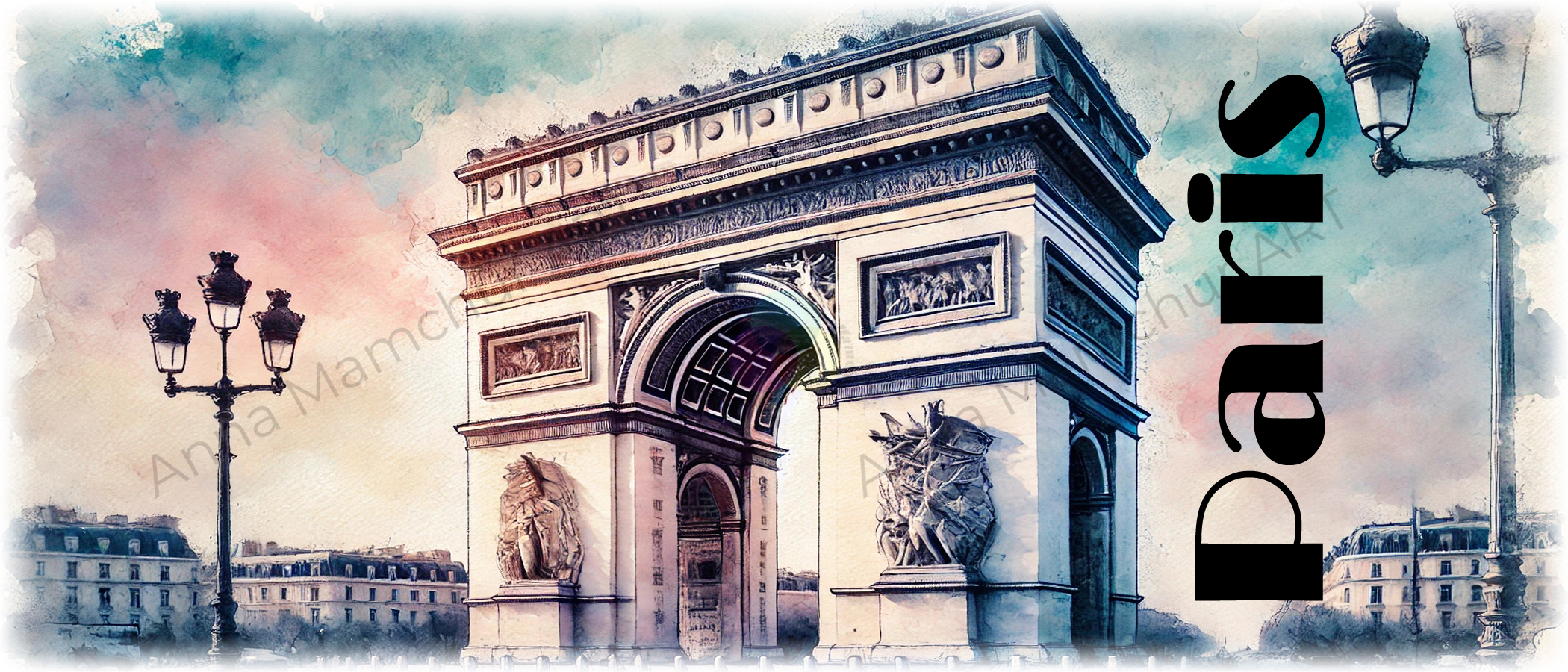 Banner de la taza con el Arco de Triunfo, estilo acuarela, cerámica artística de Anna Mamchur - 004PAA01M