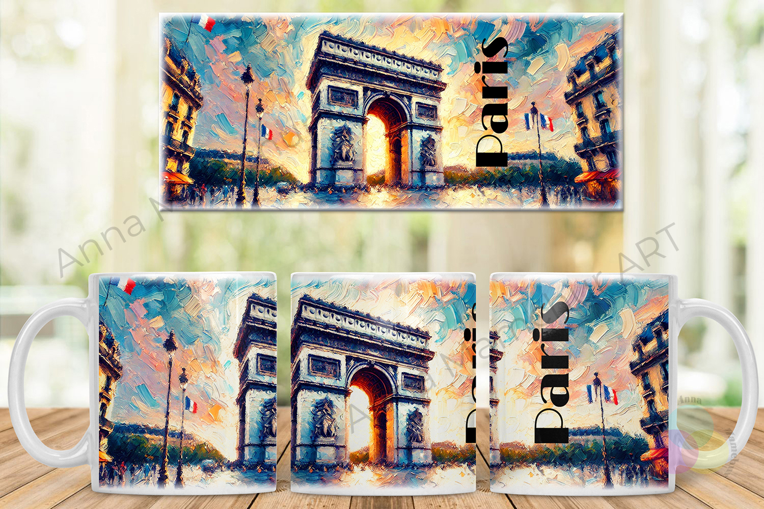 Entwurf der Tasse mit dem Arc de Triomphe im impressionistischen Stil — 004PAI01M. Originaldesign von Anna Mamchur