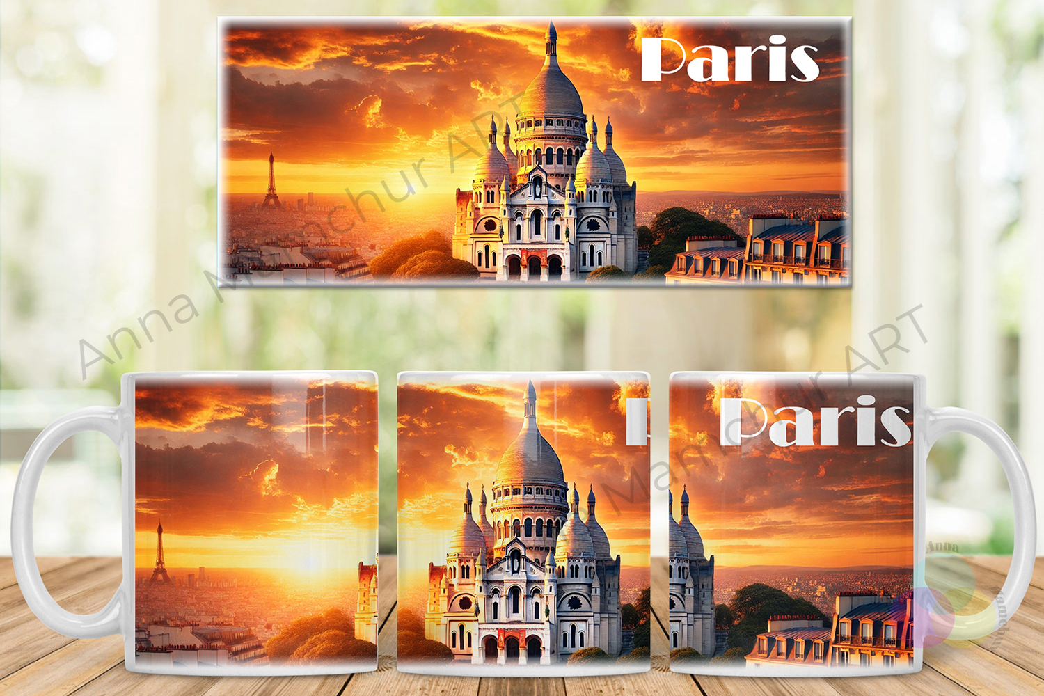 Mockup della tazza con Sacré-Cœur nell’ora dorata — 006PAG01M. Design originale di Anna Mamchur